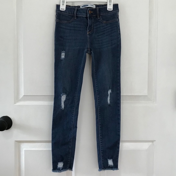 Old Navy dark blue jeans Ballerina Jeggings stretch rips fray Girls Size 10 - Picture 1 of 14
